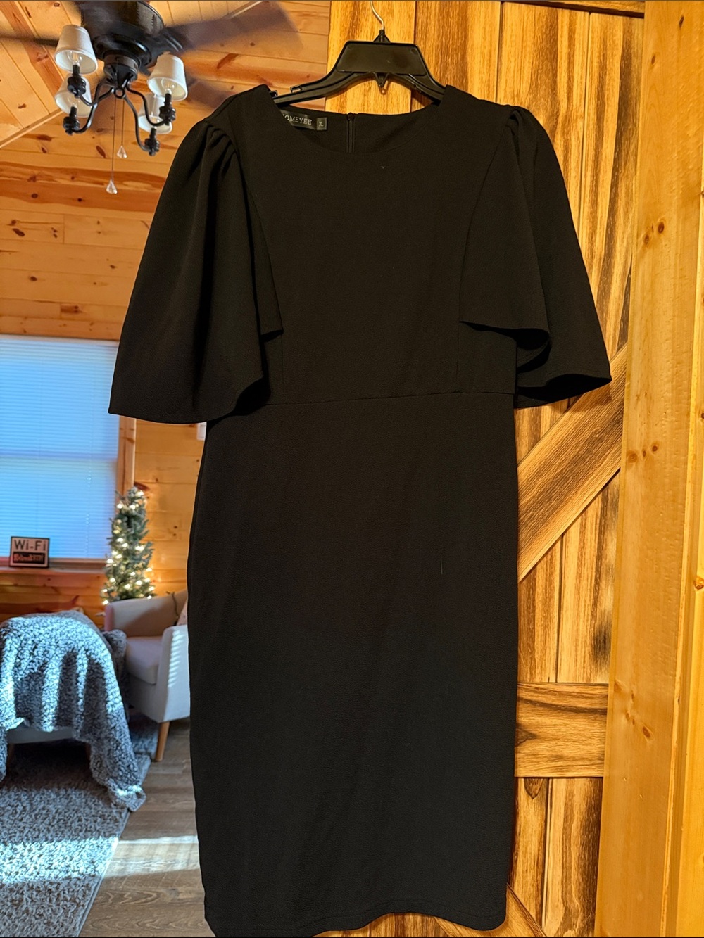 Elegant Black Midi Dress with Draped Flutter Sleeves